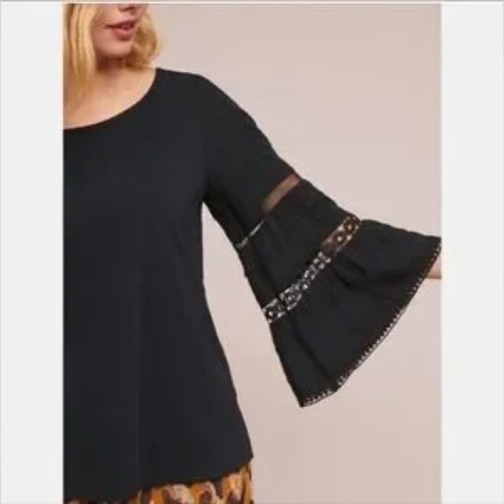 Anthropologie One September Black Southern Eyelet Bell Sleeve Top Size Large GUC